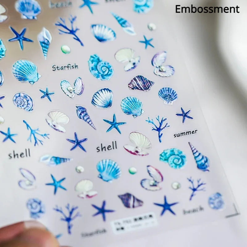 Summer Beach Ocean Shell Starfish Clams Conch Stars Sea Bubble Seasnail Soft Relief Decoration Nail Art Stickers Manicure Decals (ONLINE ORDER ONLY)