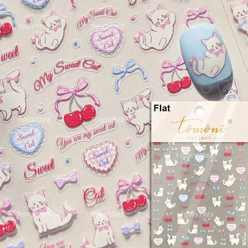 Cream Wind Cat Rabbit Kitten Bunny Bowknot Flower Butterfly Cake Cherry Tulip 5D Self Adhesive Nail Art Stickers Manicure Decals (Online Order Only)