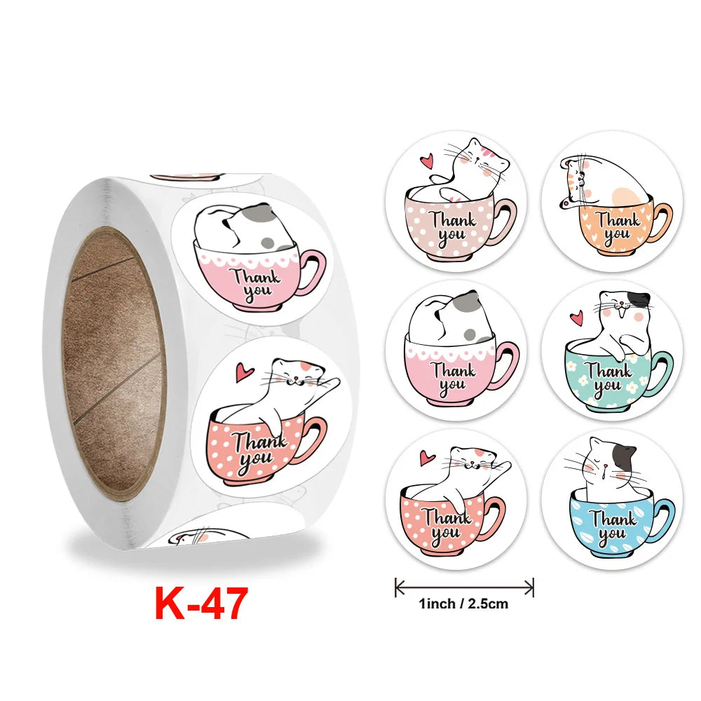 100-500 Pcs Roll 1-1.5inch Round White Decorative Gift Thank You Stickers Cartoon Hand-painted Cat Sealing Sticker Stationery (Online Order Only)