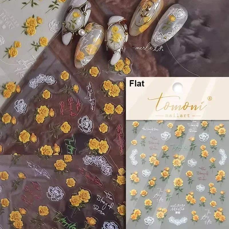 Pale Flower Bouquet Label Bowknot Stationery Sunflower Daisy Leaf 3D Self Adhesive Nail Art Stickers Rhinestone Manicure Decals (Online Order Only)