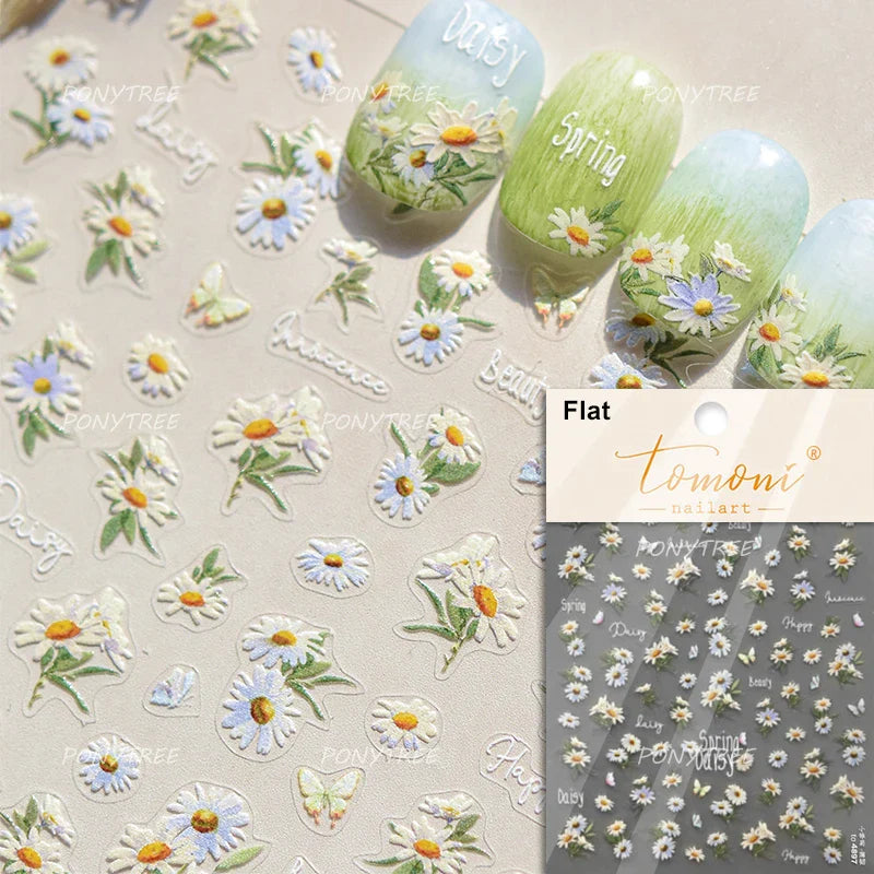 Rural Style White Daisy Flower Butterfly Small Wildflowers 5D Soft Embossed Relief Adhesive Nail Art Stickers 3D Manicure Decals (ONLINE ORDER ONLY)