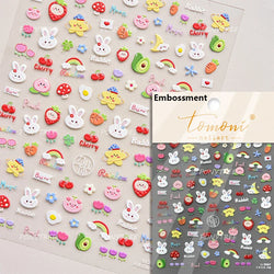 Cute Rabbit Fan Peach Blossom Teacup Lollipop Strawberry Star Cherry Hat Soft Embossed Adhesive Nail Art Stickers Manicure Decal (ONLINE ORDER ONLY)
