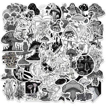 10/50pcs Funny Anime Psychedelic Mushroom Sticker Cute Black and White Magic Plant Stickers Phone Laptop Stickers Decals (ONLINE ORDER ONLY)