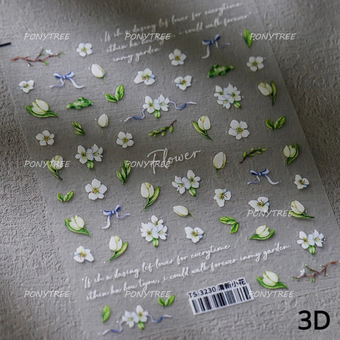 Dreamy White Lace Bowknot Purple Pink Gradual Tulip Flower Butterfly Garden Relief Adhesive Nail Art Stickers Manicure Decals (Online Order Only)