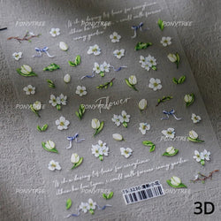 Dreamy White Lace Bowknot Purple Pink Gradual Tulip Flower Butterfly Garden Relief Adhesive Nail Art Stickers Manicure Decals (Online Order Only)