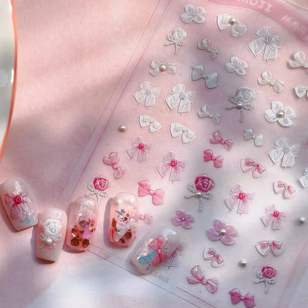 Chic Pink White Rose Flower Lace Bowknot Ribbon Jelly 5D Pearl Romantic Charming Self Adhesive Nail Art Sticker Manicure Decals (ONLINE ORDER ONLY)