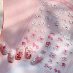 Chic Pink White Rose Flower Lace Bowknot Ribbon Jelly 5D Pearl Romantic Charming Self Adhesive Nail Art Sticker Manicure Decals (ONLINE ORDER ONLY)