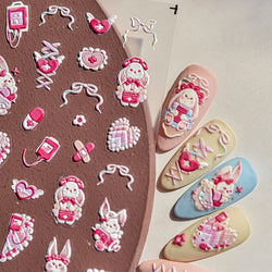Bunny Love Heart Rabbit Nurse Cut Wound Bowknot Pill Flower Medicine Treatment Self Adhesive Nail Art Stickers Manicure Decals (ONLINE ORDER ONLY)