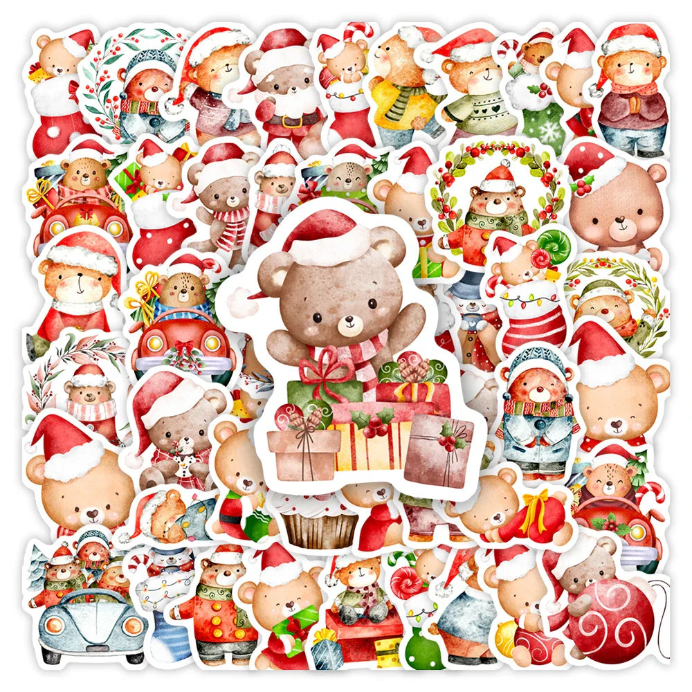 Cute Kawaii Christmas Bear Stickers Holiday DIY Gifts Kids Toys Waterproof Decal for Scrapbook Laptop Phone Luggage Decorative (ONLINE ORDER ONLY)