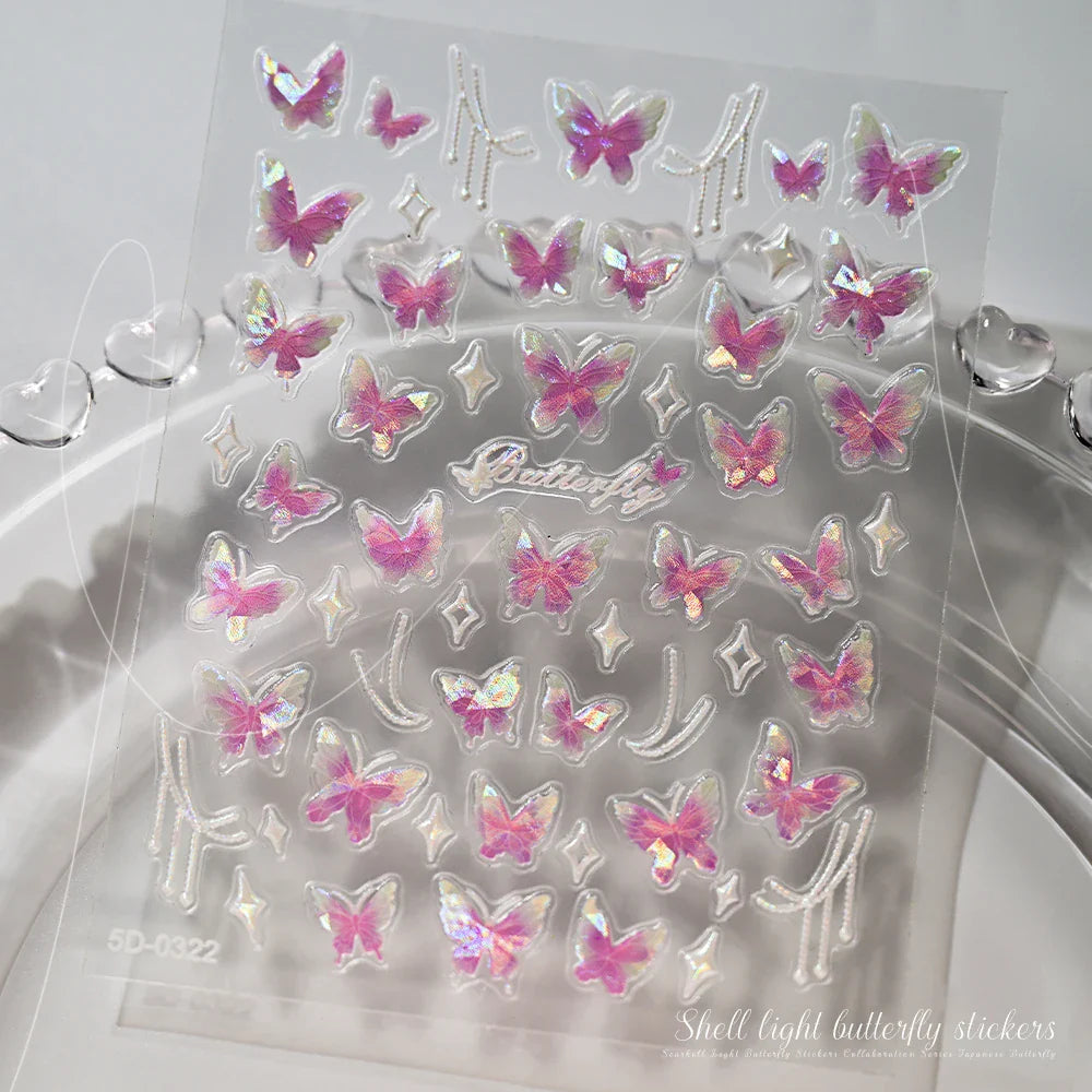 1pc Aurora Butterfly Nail Stickers Pink Butterfly Shell Light Beam Angel Wings Sliders Fairy Light & Lively Translucent Nail Dec (ONLINE ORDER ONLY)