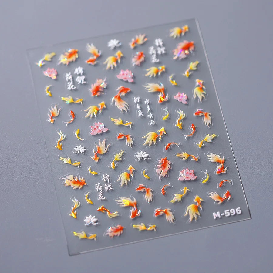 Pink Lotus Flower Red Gold Koi Carp Fish Tail Fancy Carp Self Adhesive Nail Art Decorations Stickers Manicure Decals Wholesale (ONLINE ORDER ONLY)