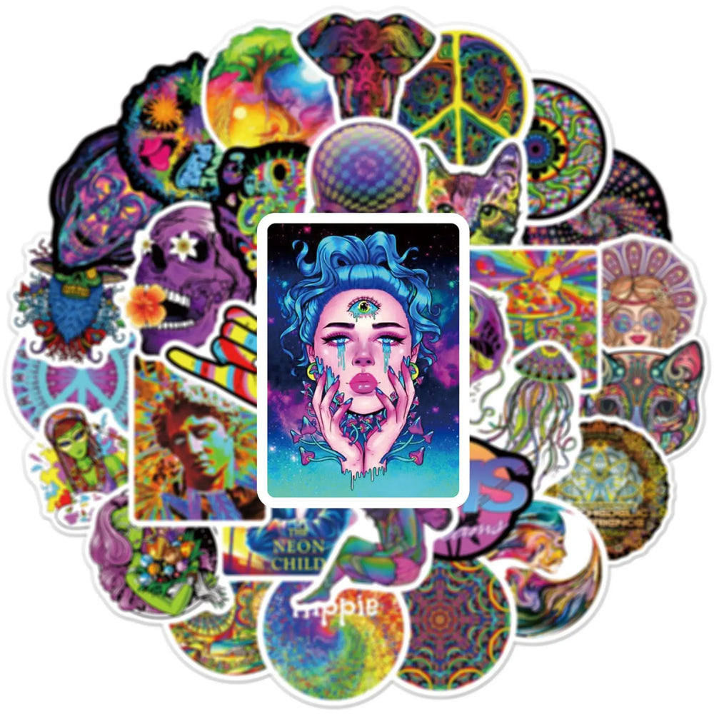 50pcs Hippy Psychedelic Graffiti Stickers Pack Phone Case Ipad Motorcycle DIY Sticker Scrapbooking Supplies Journal Accessories (Online Order Only)