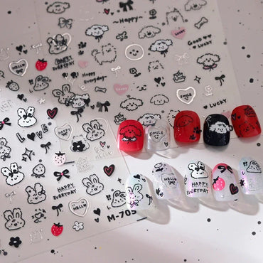 Dog Rabbit Line Bunny Footprint Bowknot Heart Cake Strawberry Flowers Bone Graffiti Adhesive Nail Art Stickers Manicure Decals (ONLINE ORDER ONLY)