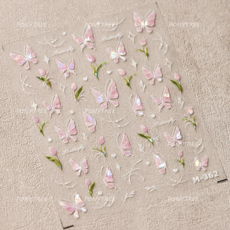 Dreamy White Lace Bowknot Purple Pink Gradual Tulip Flower Butterfly Garden Relief Adhesive Nail Art Stickers Manicure Decals (Online Order Only)
