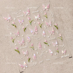Dreamy White Lace Bowknot Purple Pink Gradual Tulip Flower Butterfly Garden Relief Adhesive Nail Art Stickers Manicure Decals (Online Order Only)