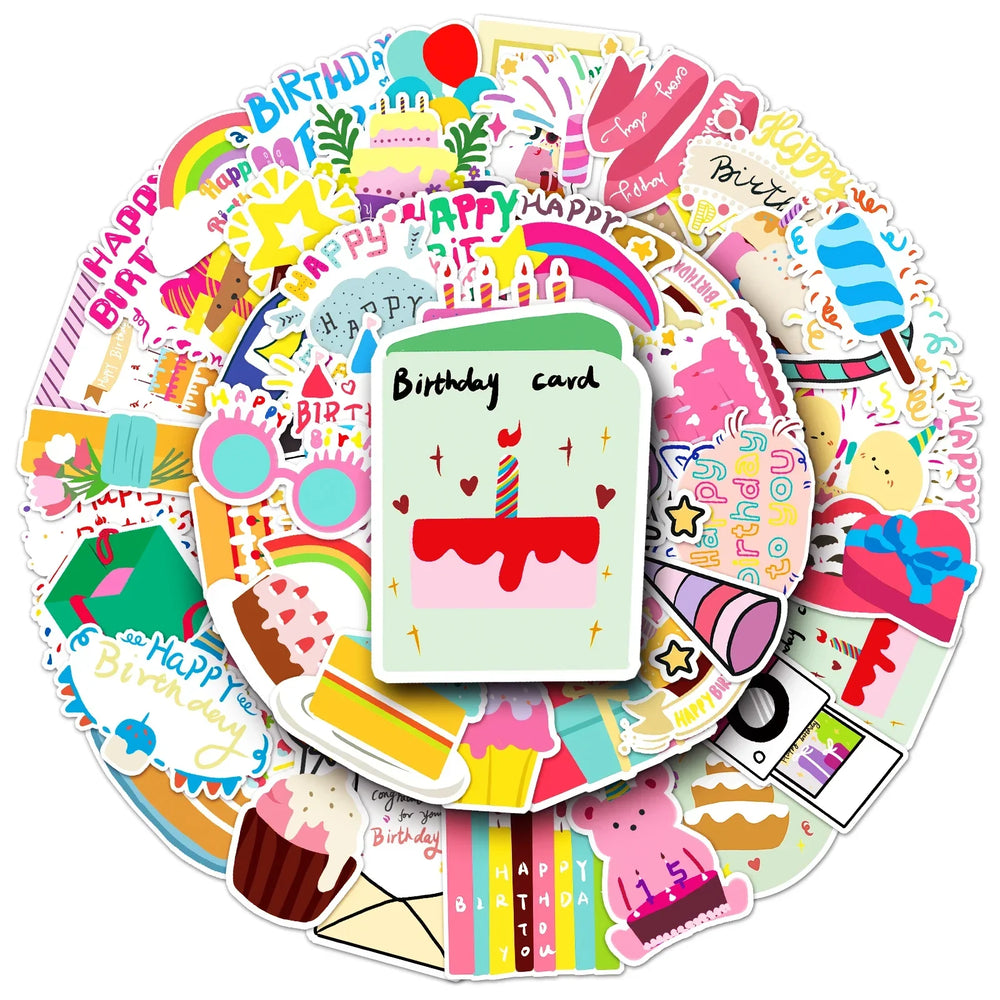 50Pcs Birthday Cartoon Waterproof Vinyl Stickers for Skateboard Snowboard (ONLINE ORDER ONLY)