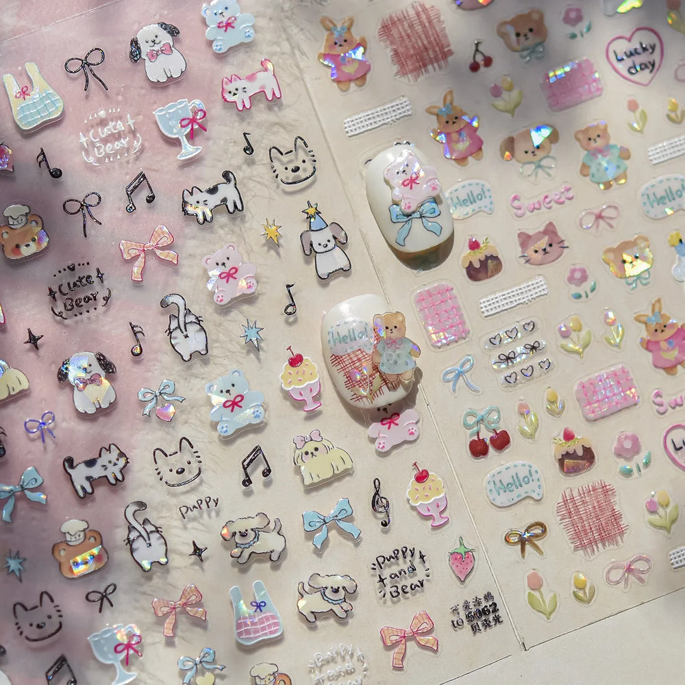 Graffiti Bear Cat Kitten Dog Puppy Bowknot Cake Tulip Note Star Cherry Cup Adhesive Nail Art Decoration Sticker Manicure Decals (ONLINE ORDER ONLY)