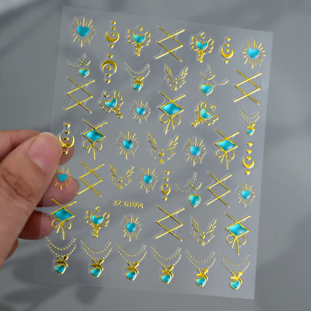 1PC Holographic Laser Heart Nail Stickers-3D Self-Adhesive Golden White Valentines Day Nail Decals For Women Nail Art Decoration (ONLINE ORDER ONLY)