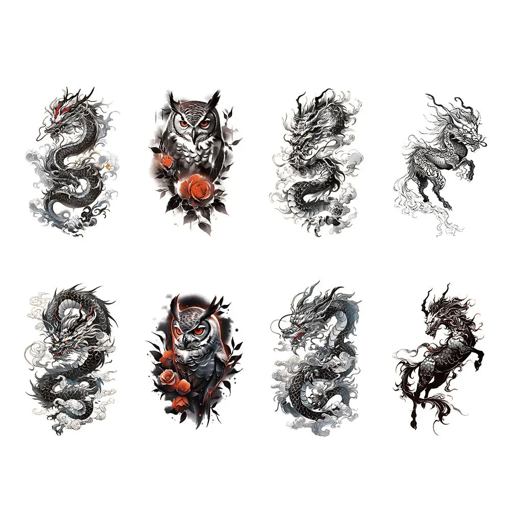 8pcs Waterproof Temporary Tattoo Sticker Flying Dragon Owl Rose Flowers Dark Animal Body Art Arm Fake Tattoos Sleeve Women Men (Online Order Only)