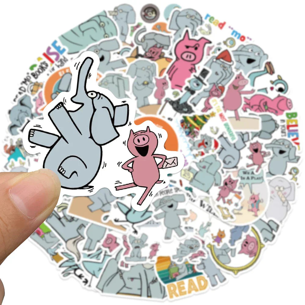 50pcs Funny Elephant and Piggie Stickers Cute Cartoon Anime Water Bottle Sticker Luggage Laptop Diary Waterproof Vinyl Decals (ONLINE ORDER ONLY)