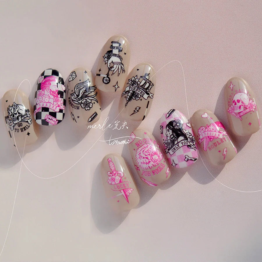 Retro Black Line Skull Man Woman 5D Embossed Relief Self Adhesive Nail Art Sticker Bear Bunny Hand Bird Horror 3D Manicure Decal (Online Order Only)