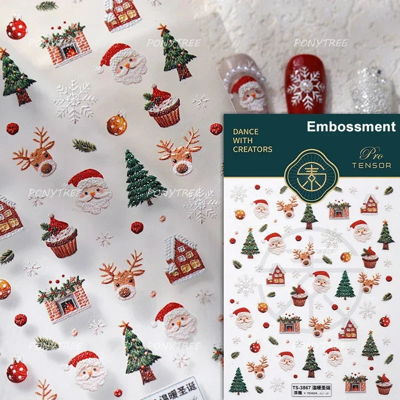 Apple Bear Bunny Snowman Winter Tree Bell Dog Self Adhesive Nail Art Stickers Snowflake Santa Claus Rhinestone Manicure Decals (ONLINE ORDER ONLY)