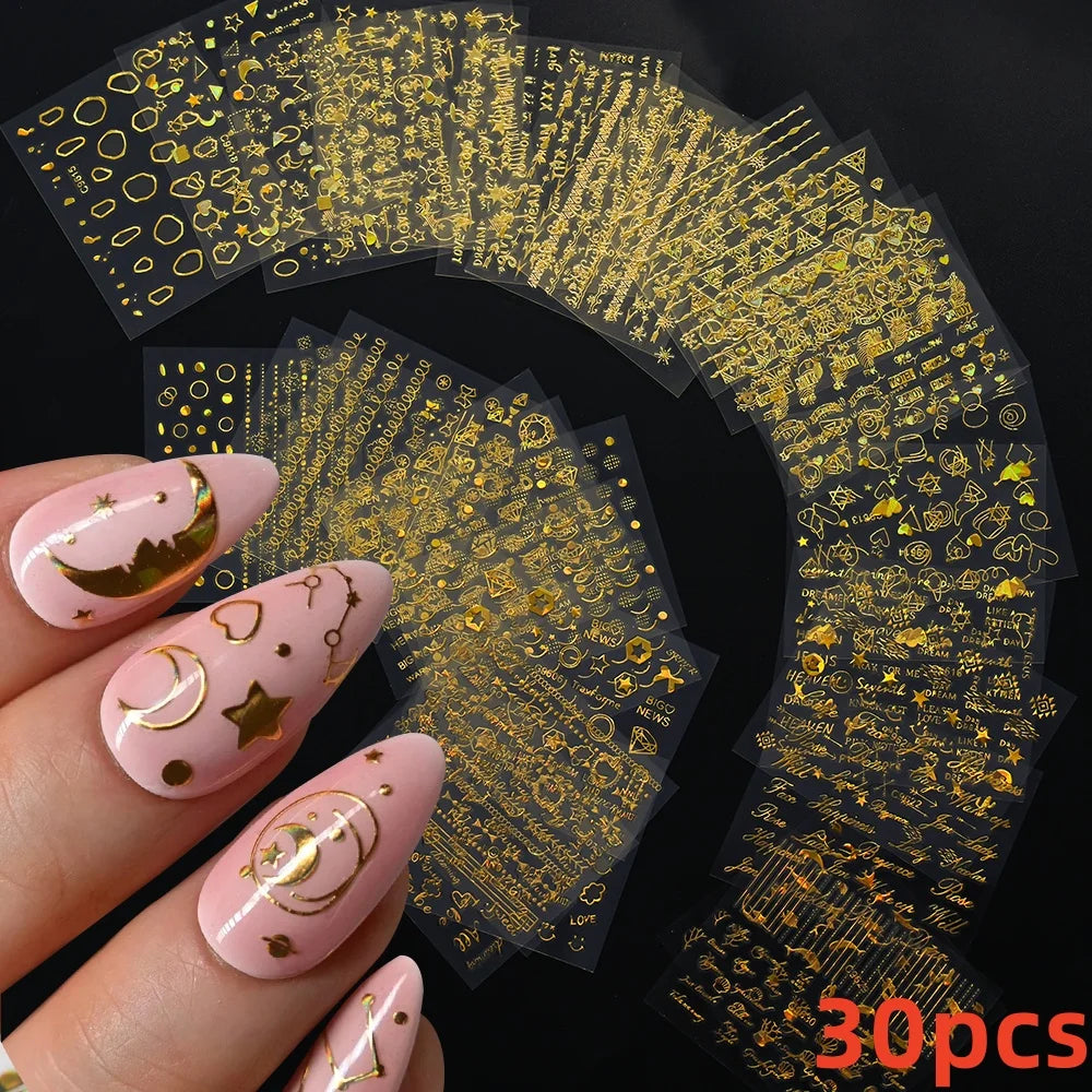 30Pcs/Set Red Golden 3D Nail Art Sticker Hot Stamping Hollow Decals Mixed Designs Adhesive Flower Nail Tips Letter Butterfly Set (Online Order Only)