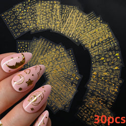 30Pcs/Set Red Golden 3D Nail Art Sticker Hot Stamping Hollow Decals Mixed Designs Adhesive Flower Nail Tips Letter Butterfly Set (Online Order Only)