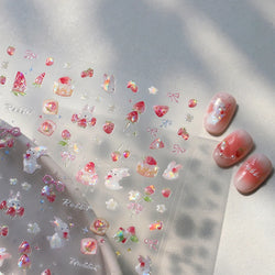 Cute White Rabbit Bunny Strawberry Flower Pudding Star Bowknot Fruit Delicate Adhesive Nail Art Sticker Charming Manicure Decal (Online Order Only)