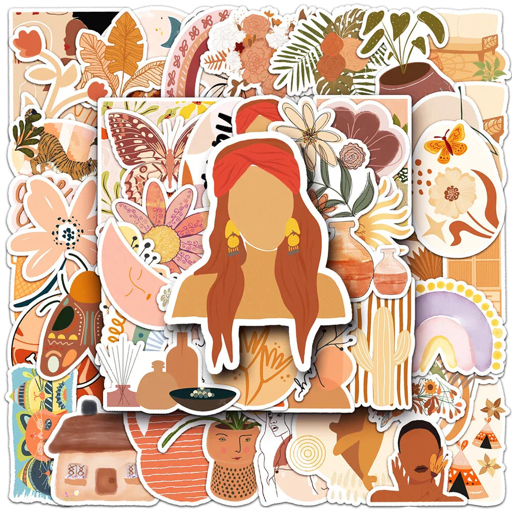 Retro Bohemian Art Stickers: 10/30/50pcs Aesthetic Cartoon Decals for Laptop, Luggage, Phone, Guitar - Waterproof (Online Order Only)
