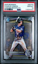 Graded 2025 Topps Bowman Charlie Condon #BCP75 Chrome Prospects Rookie RC Baseball Card PSA 10 Gem Mint (ONLINE ORDER ONLY)