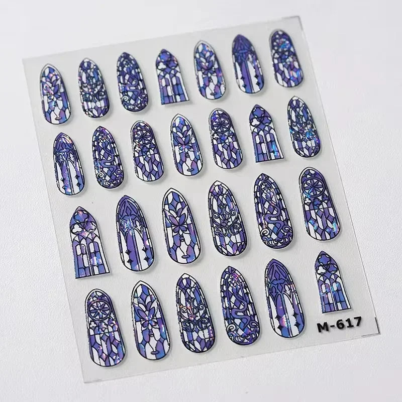 French Style Colorful Square Grid Rhombus Stripe Bowknot Line 3D Self Adhesive Nail Art Stickers Shiny Rhinestone Manicure Decal (Online Order Only)
