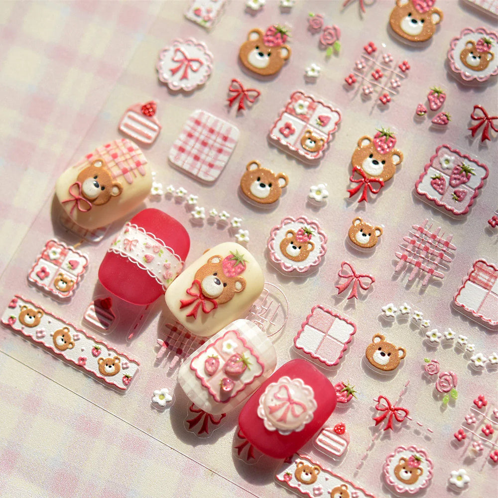 Lovely Bear Strawberry Cake Rose Flower Grid Block Bowknot Embossed Relief Self Adhesive Nail Art Sticker Cute 3D Manicure Decal (ONLINE ORDER ONLY)