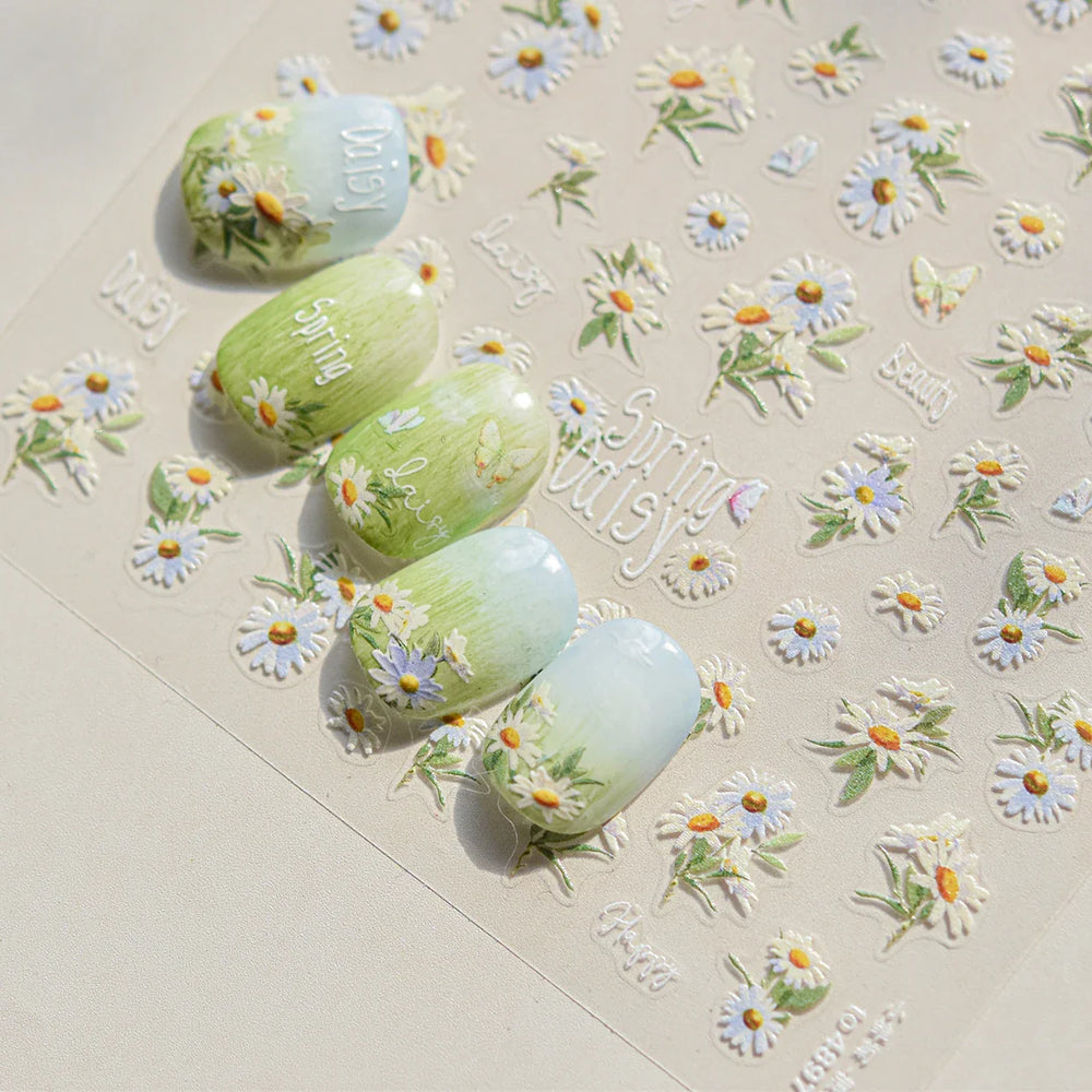 Rural Style White Daisy Flower Butterfly Small Wildflowers 5D Soft Embossed Relief Adhesive Nail Art Stickers 3D Manicure Decals (ONLINE ORDER ONLY)