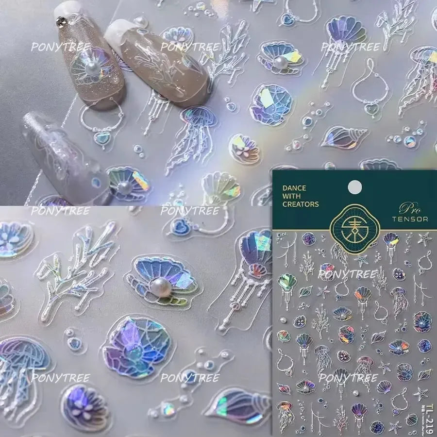 Dizzying Shell Coral Dolphin Starfish Heart Jellyfish Water Bubbles Ocean Adhesive Nail Art Decorations Stickers Manicure Decals (ONLINE ORDER ONLY)