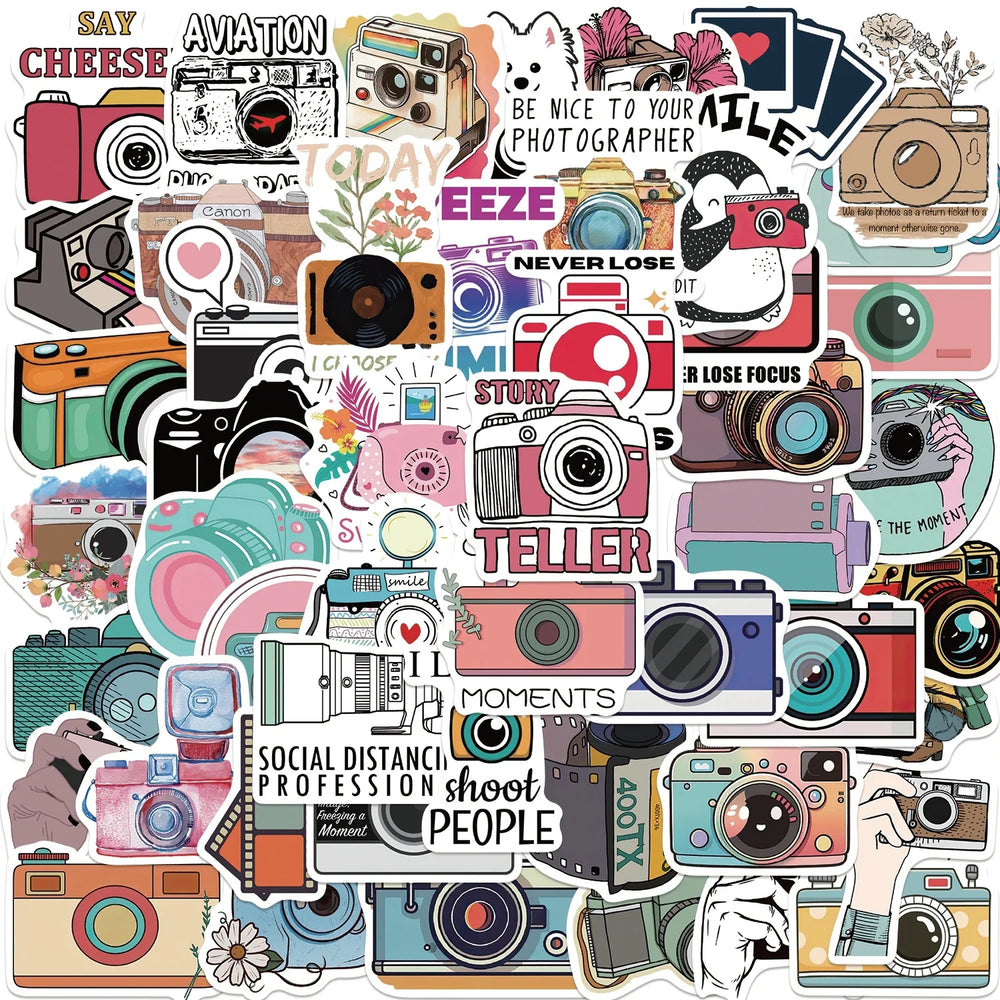 50Pcs Aesthetic Camera Stickers for Scrapbook, Phone, Luggage, Skateboard (ONLINE ORDER ONLY)
