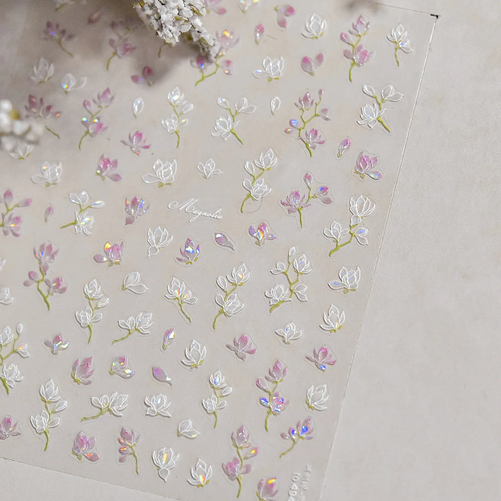 Translucent White White Pink Magnolia Rose Flower Floral Soft Embossed Relief Adhesive Nail Art Stickers Chic 3D Manicure Decals (ONLINE ORDER ONLY)