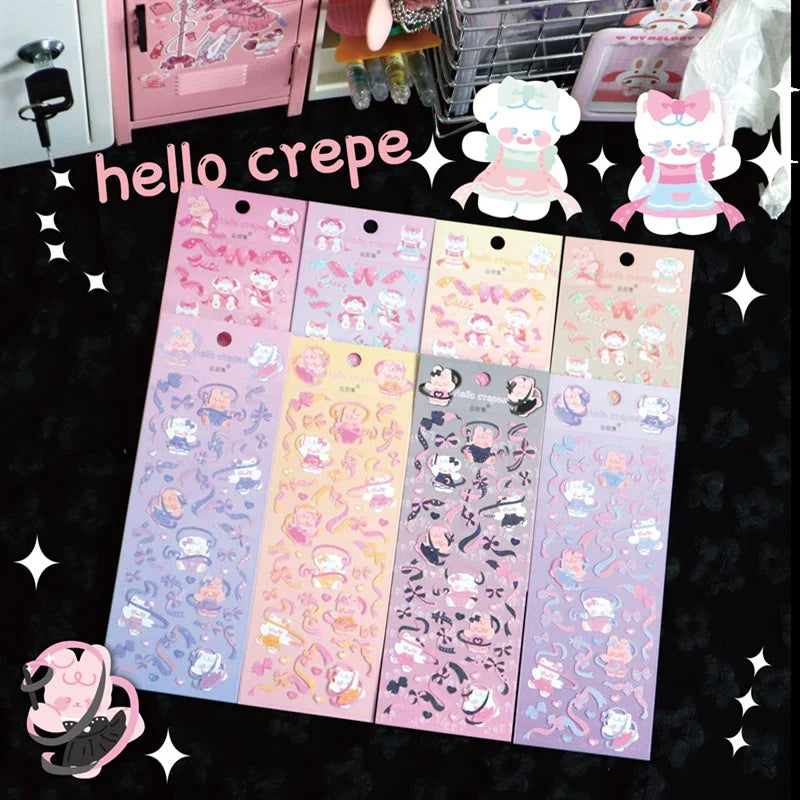 6/8pcs Kawaii Ribbon Rabbit Decorative Sticker Set Girls Scrapbooking Idol Card DIY Diary Album Collage Material Korean Stickers (ONLINE ORDER ONLY)