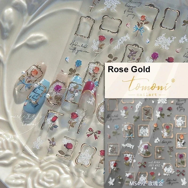 Chic Retro Rose Photo Frame Dried Flower Petal Self Adhesive Nail Art Stickers 5D Hot Stamping Relief Rhinestone Manicure Decals (Online Order Only)