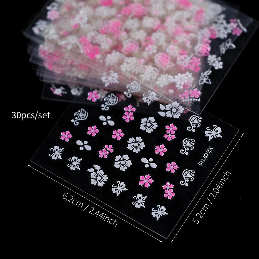 30pcs/Set White Pink Flower 3D Nail Sticker Daisy Butterfly Love Heart Hibiscus Petals Floral DIY Spring Summer Nail Decoration* (ONLINE ORDER ONLY)