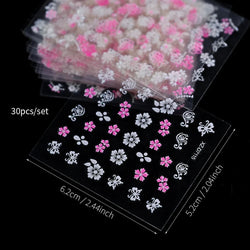 30pcs/Set White Pink Flower 3D Nail Sticker Daisy Butterfly Love Heart Hibiscus Petals Floral DIY Spring Summer Nail Decoration* (ONLINE ORDER ONLY)