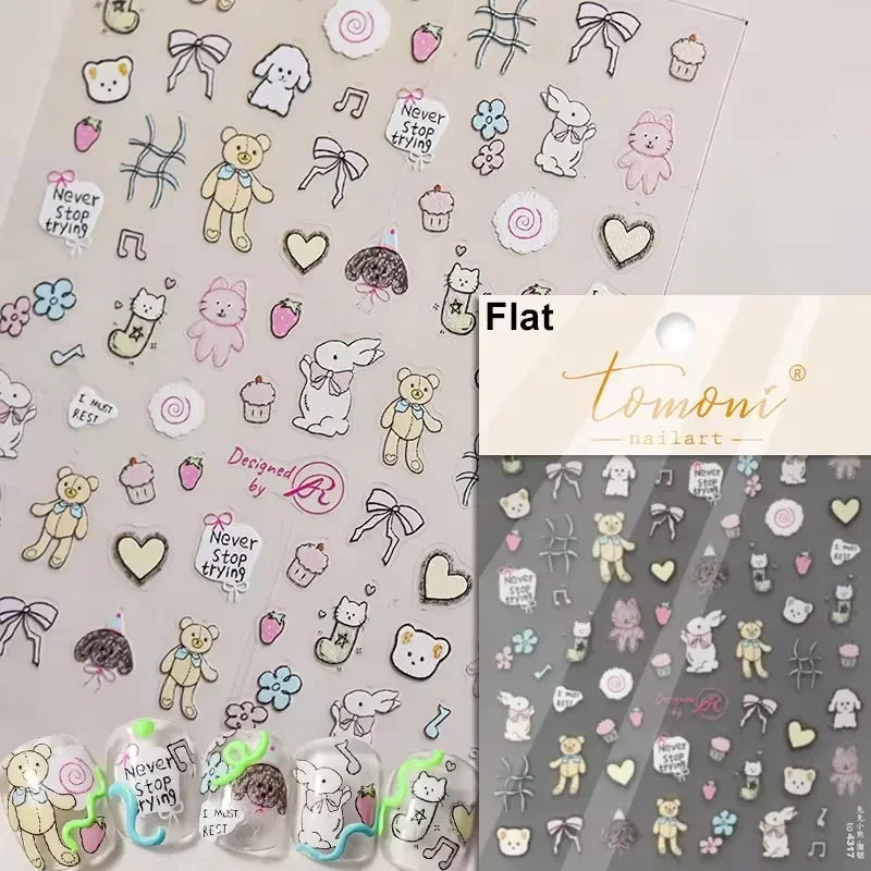 Retro Love Heart White Lace flower Bowknot Tie Pink Bear Flower Strawberry Adhesive Nail Art Stickers Rhinestone Manicure Decals (ONLINE ORDER ONLY)