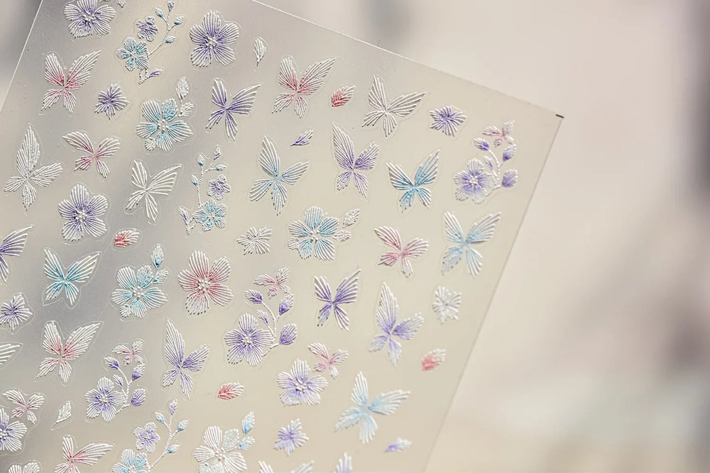 Embroidered Butterfly Flower Colourful Gradient Morning Glory Leaves Self Adhesive Nail Art Stickers Rhinestone Manicure Decals (ONLINE ORDER ONLY)