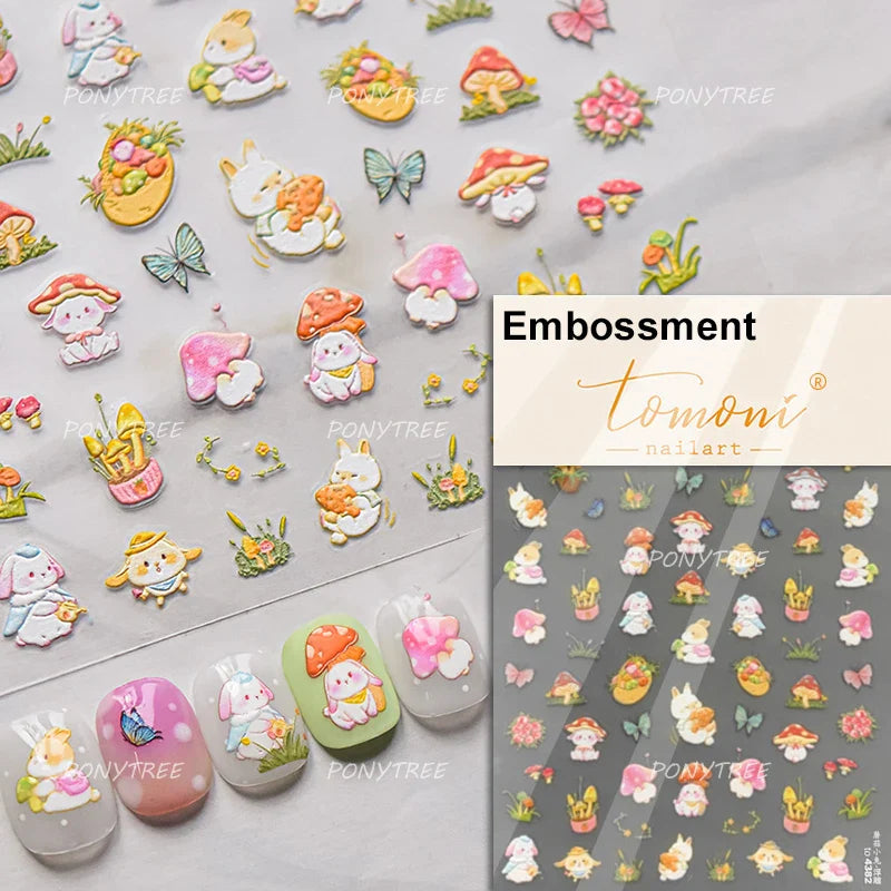 Cream Wind Cat Rabbit Kitten Bunny Bowknot Flower Butterfly Cake Cherry Tulip 5D Self Adhesive Nail Art Stickers Manicure Decals (Online Order Only)