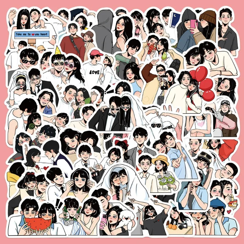60pcs Cartoon Couple Love Stickers for Helmet, Wall, Desktop Decoration (Online Order Only)