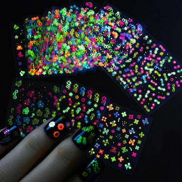 24/30pcs 3D Neon Summer Nail Stickers Set Colorful Daisy Flowers Leaves Nail Art Sticker Fluorescence Floral Adhesive Decoration (ONLINE ORDER ONLY)