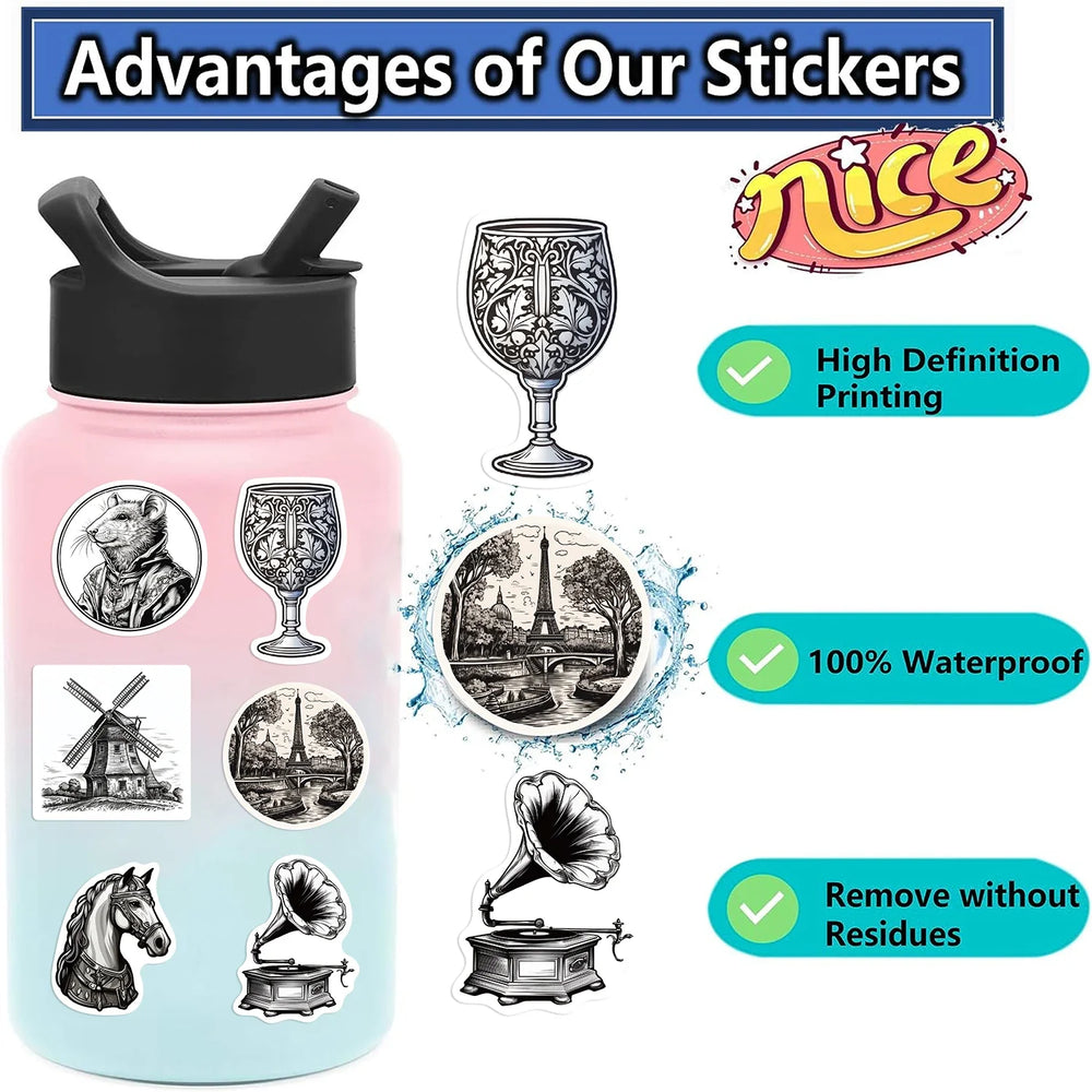 50PCS Black And White Medieval Style Sticker Graffiti Personality Trend Guitar Water Cup Computer Suitcase Sticker Wholesale﻿ (ONLINE ORDER ONLY)