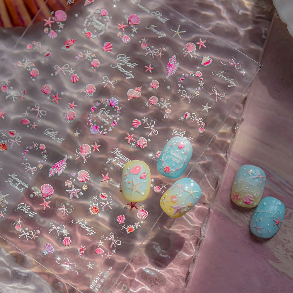 Pink Star Oceanic Shell Starfish Conch Bowknot Embossment Shiny Delicate 5D Chic Self Adhesive Nail Art Stickers Manicure Decals (Online Order Only)