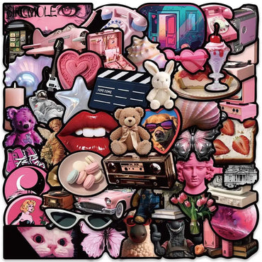 Y2K Cartoon Pink Black Graffiti Stickers Pack - Kawaii DIY Luggage Guitar Fridge Laptop Decals (Online Order Only)