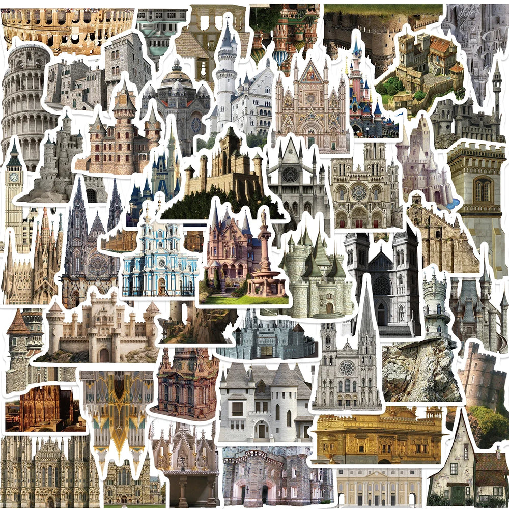 50Pcs Vintage Medieval Castle Stickers Phone Case Skateboard Motorcycle Sticker Retro European Style Architecture Decals (Online Order Only)